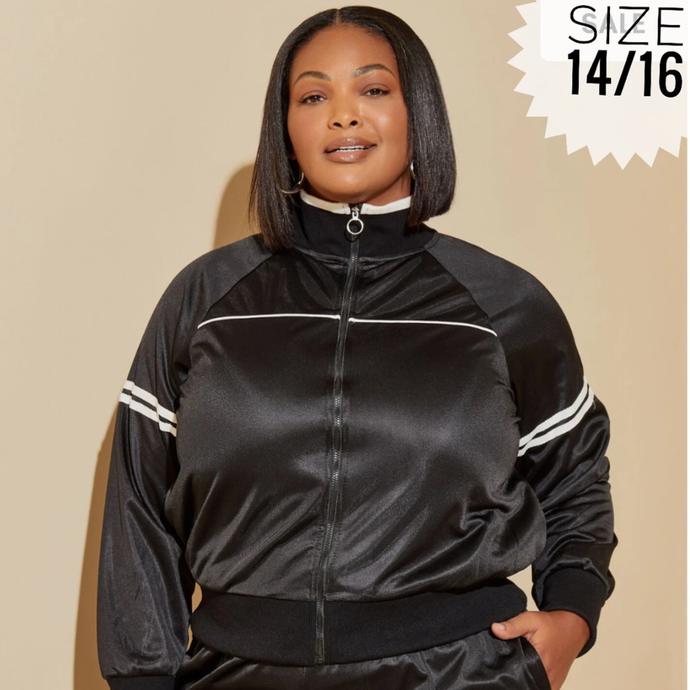 Plus ASHLEY STEWART Black White Striped Cropped Track Jacket 14/16